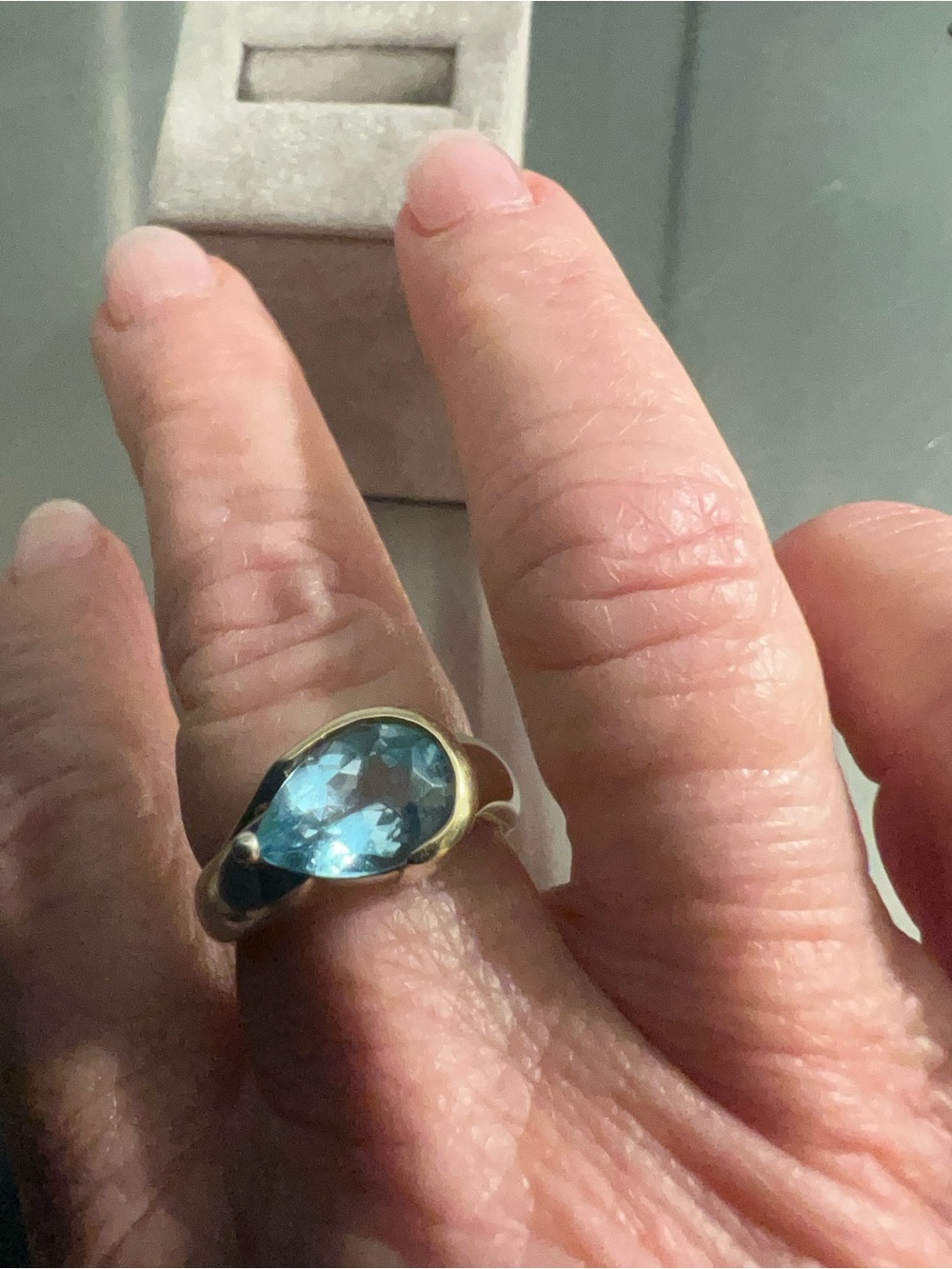 Sterling Silver Pear-Cut Blue Topaz Ring - Light Blue w/Gold Over Sterling Rim - Picture 2 of 5